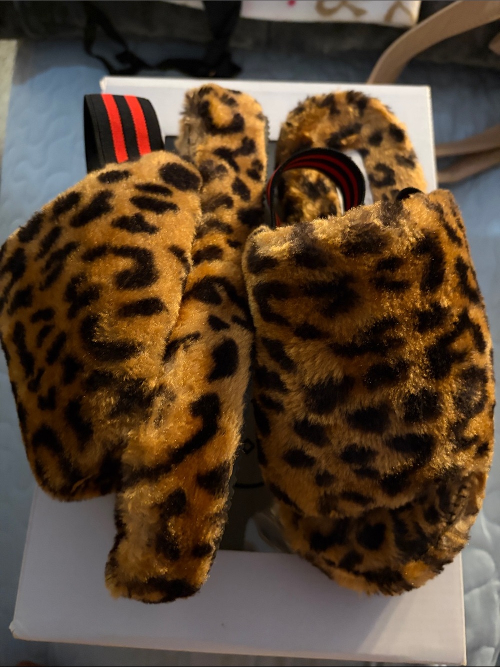 Steve Madden Leopard Faux Fur Slide Slippers with Black-Red Strap